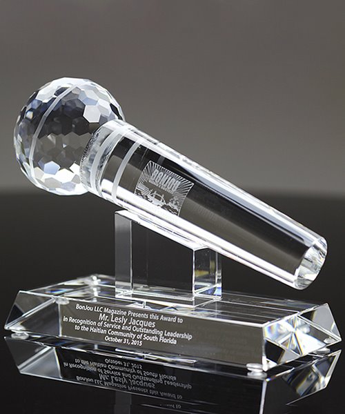 Free p&p & Engraving Match Microphone Crystal Award in Gift Box Clear 5.75" 