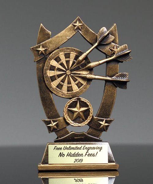 Darts Award Slanted Dart Black Gold Glass Trophy FREE Engraving 3 Sizes Bullseye 