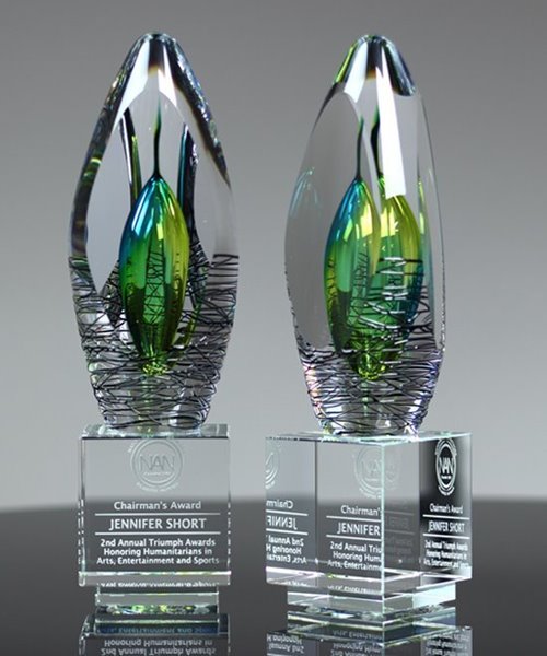 Includes Personalization SHOP AWARDS AND GIFTS Customizable 8-1/2 Inch Art Sculptured Hand Blown Colors Suspended in Clear Glass Award 