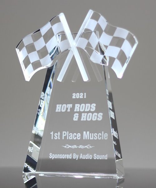 Economy acrylic racing flag trophy award silver & gold free lettering 