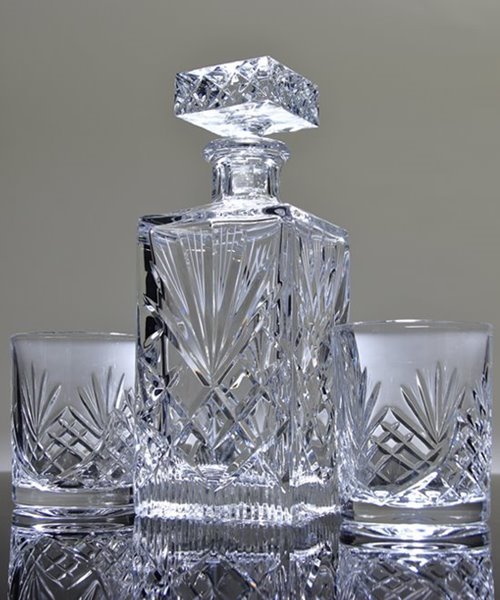 Crystal Whiskey Decanter with Engraved Rocks Glasses