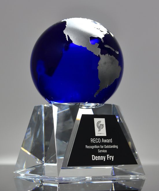 Blue Globe Crystal Trophy - Large Size | CRY6532L | Edco Awards