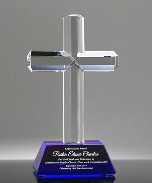 Picture of Beveled Cross Crystal Award with Blue Base