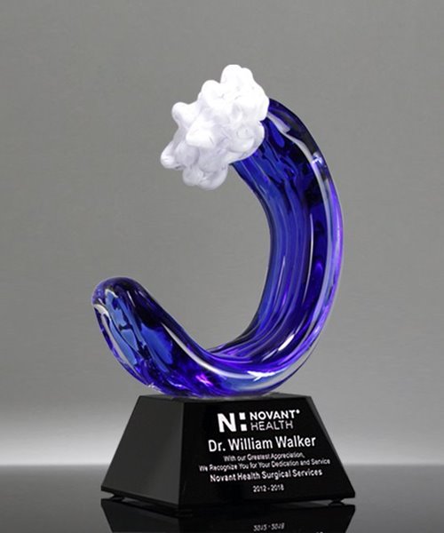 Picture of Blue Wave Art Glass Trophy - Black Base