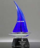 Picture of Blue Voyage Art Glass Boat Award - Black Base
