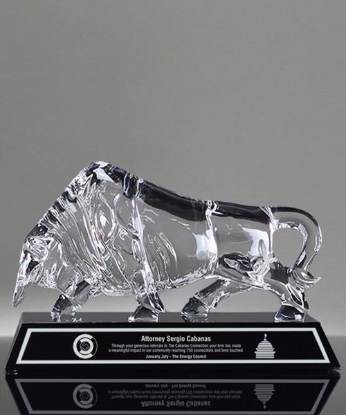 Picture of Crystal Bull Award With Laser Engraved Plate