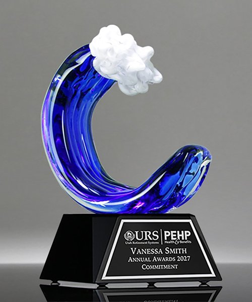 Picture of Blue Wave Art Glass Trophy - Black Base